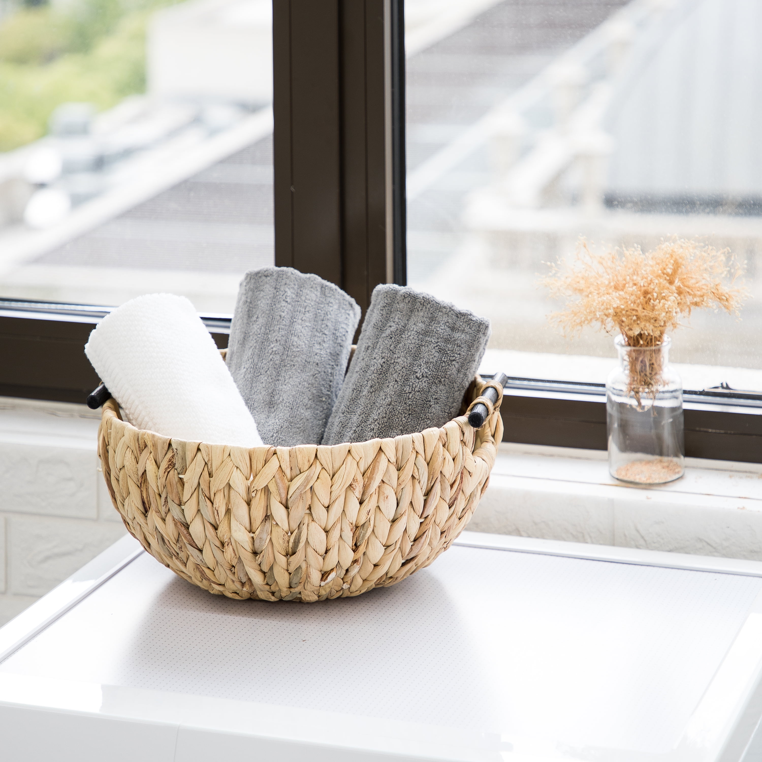 (4 pack) Better Homes & Gardens Natural Woven Water Hyacinth Decorative Bowl with Wooden Handles