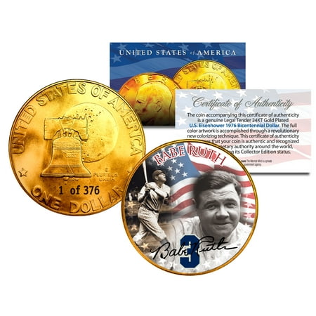 - 1976 BABE RUTH 24K Gold Plated IKE Dollar *Each Coin Serial Numbered of 376*