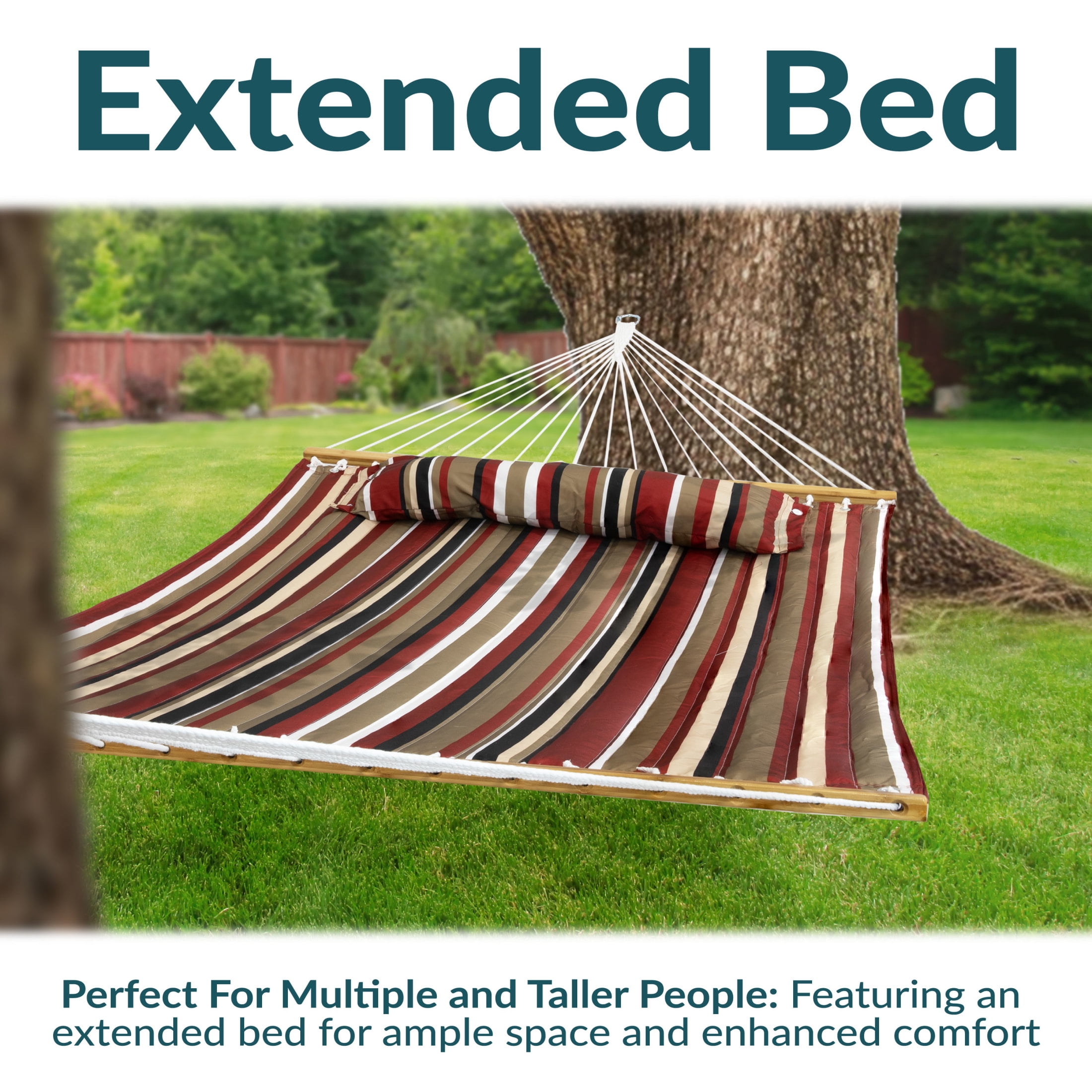 Sunnydaze 2-Person Quilted Polyester Spreader Bar Hammock, 450 lb Capacity - Awning Stripe