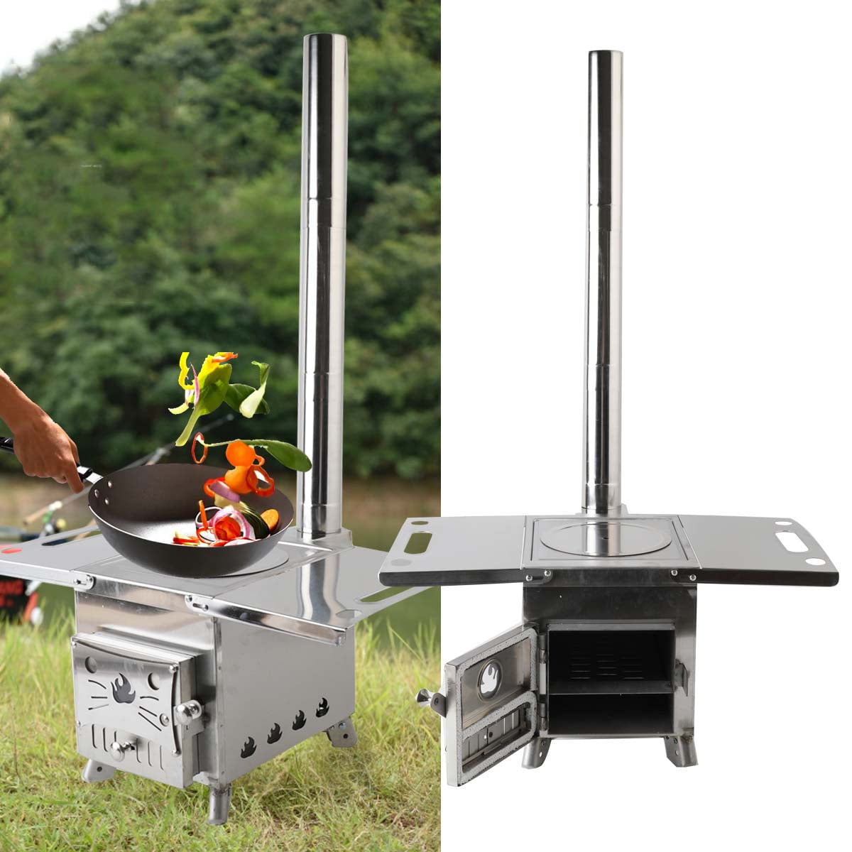 23 x 18 x 41 inch Outdoor Wood Stove with Chimney Pipe, Stainless Steel