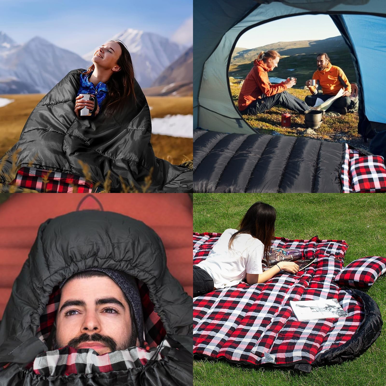 Flannel Sleeping Bag Cotton 0 Degree Cold Weather for Adults XXL Sleeping Bag 4 Season Big and Tall with Pillow Compression Sack (Right Zipper)