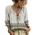 thumbnail image 2 of Womens V Neck 3/4 Sleeve Bohemian Casual Blouses Casual Blouses V Neck T Shirt Fashion Clothing Ruffle Trim Casual Loose Flowy Dressy Shirts, 2 of 5