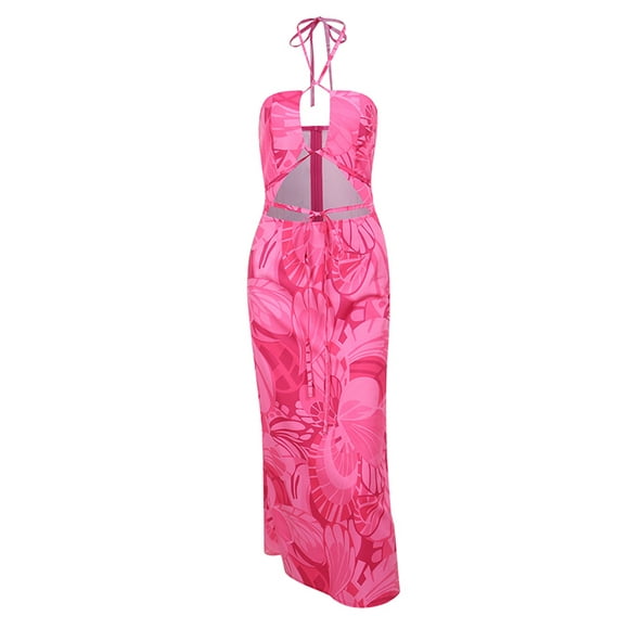 VISgogo Vestido largo para mujer, con cordones, cuello halter, ahuecado, sin espalda, con estampado de flores, fiesta de verano, vestido con abertura en la playa VISgogo moda