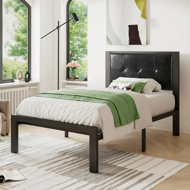 SHA CERLIN Twin Size Metal Bed Frame with Faux Leather