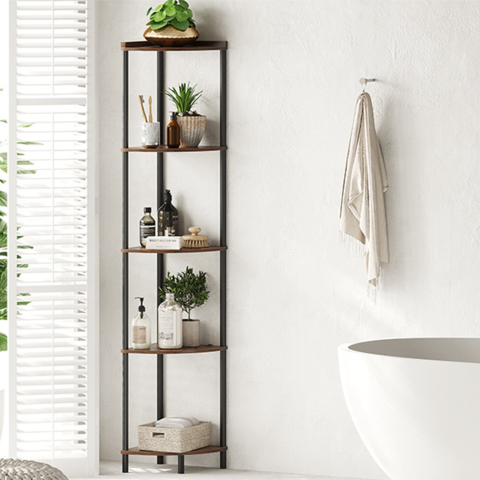 SUNMORY 65" Corner Shelf Stand, 5-Tier Industrial Corner Shelves, Wall Corner Bookshelf, Display Shelf Tall Shelf Plant Stand for Bedroom, Bathroom, Living Room, Corridor