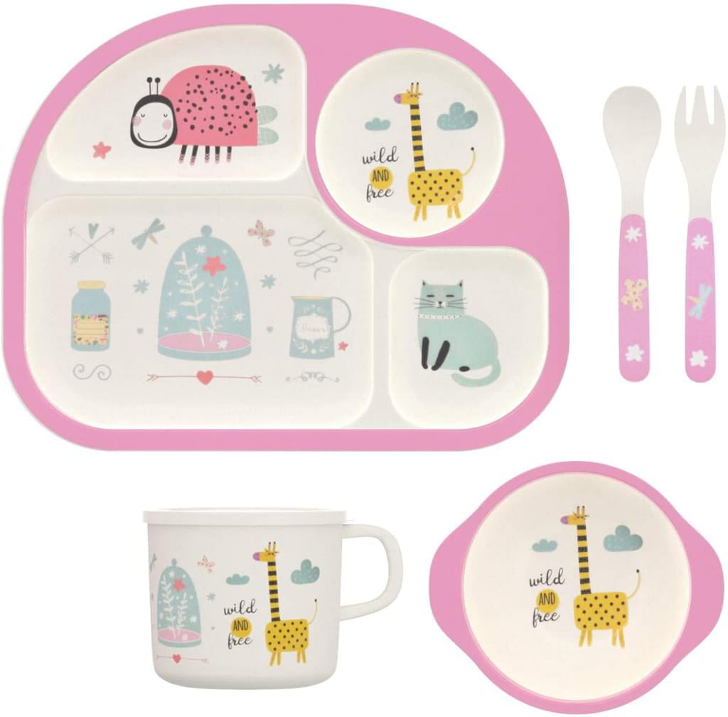Eco-Friendly Bamboo Childrens Dinner Set Plate Bowl Cup Fork & Spoon BPA FREE 