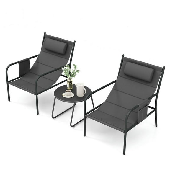 Spaco 3 Piece Outdoor Bistro Set, Patio Metal Chair and Coffee Table Set, Comfortable Padded Seat, Gray