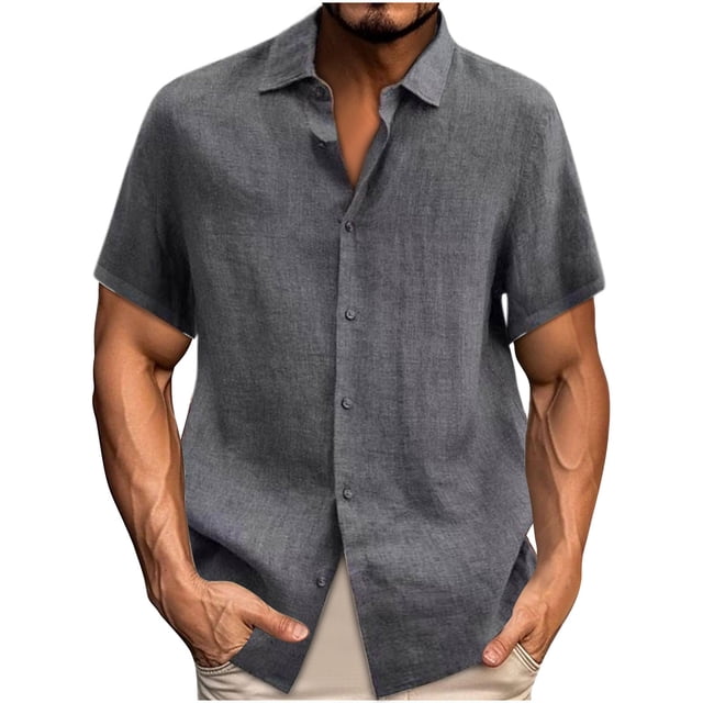cfhntfmh Mens Button down Shirts Solid Summer Beach Vacation Tops Cotton Linen Short Sleeve Shirts