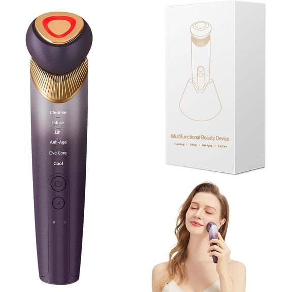 6-in-1 Age-Defying - Eye, Face & Neck Lift & Firm, 5-Color Light Therapy for Face with Microcurrent, Vibration, Heat & Cooling, Skin Care Tool for Youthful & Tightening Skin (Purple)
