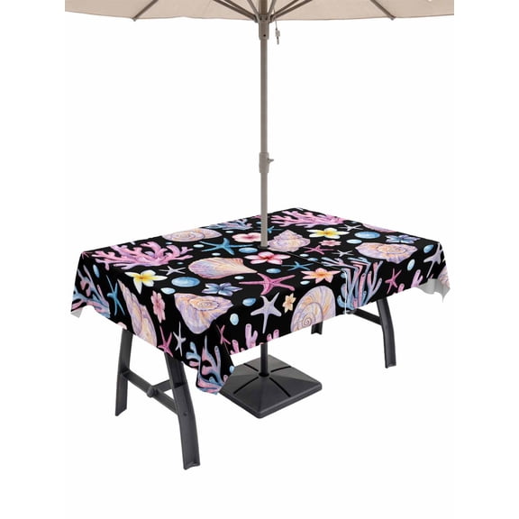 Outdoor Tablecloth with Umbrella Hole for Patio/Picnic/Party/Camping, Beach Coastal Waterproof Table Cloth Rectangle Table Cover Washable, Summer Nautical Shell Starfish Coral Black (60"x 102")