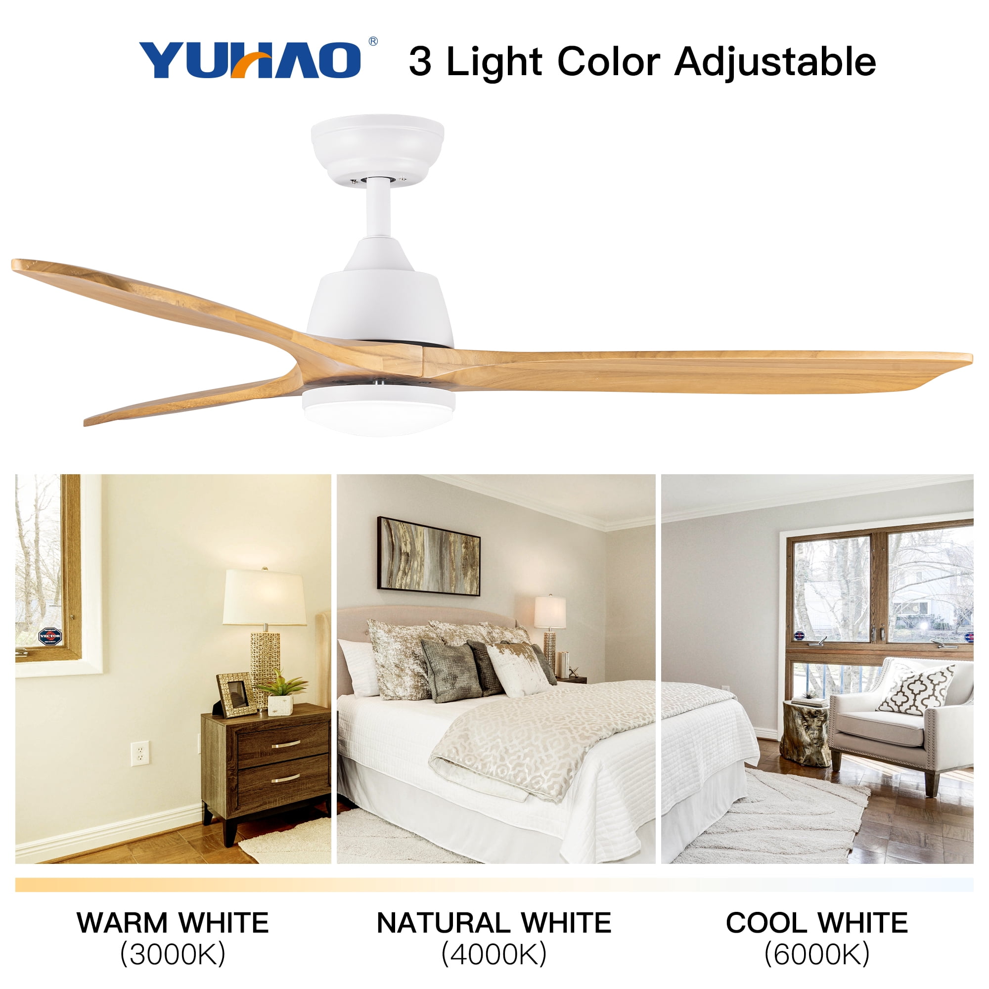 Wellspeed 52 in. Ceiling Fan with Light and Remote, Modern White Fanlight with Solid Wood Blades, for Indoor Outdoor Bedroom Living Room, Dimmable 3 Color Temperature, Memory Function, Quiet Motor