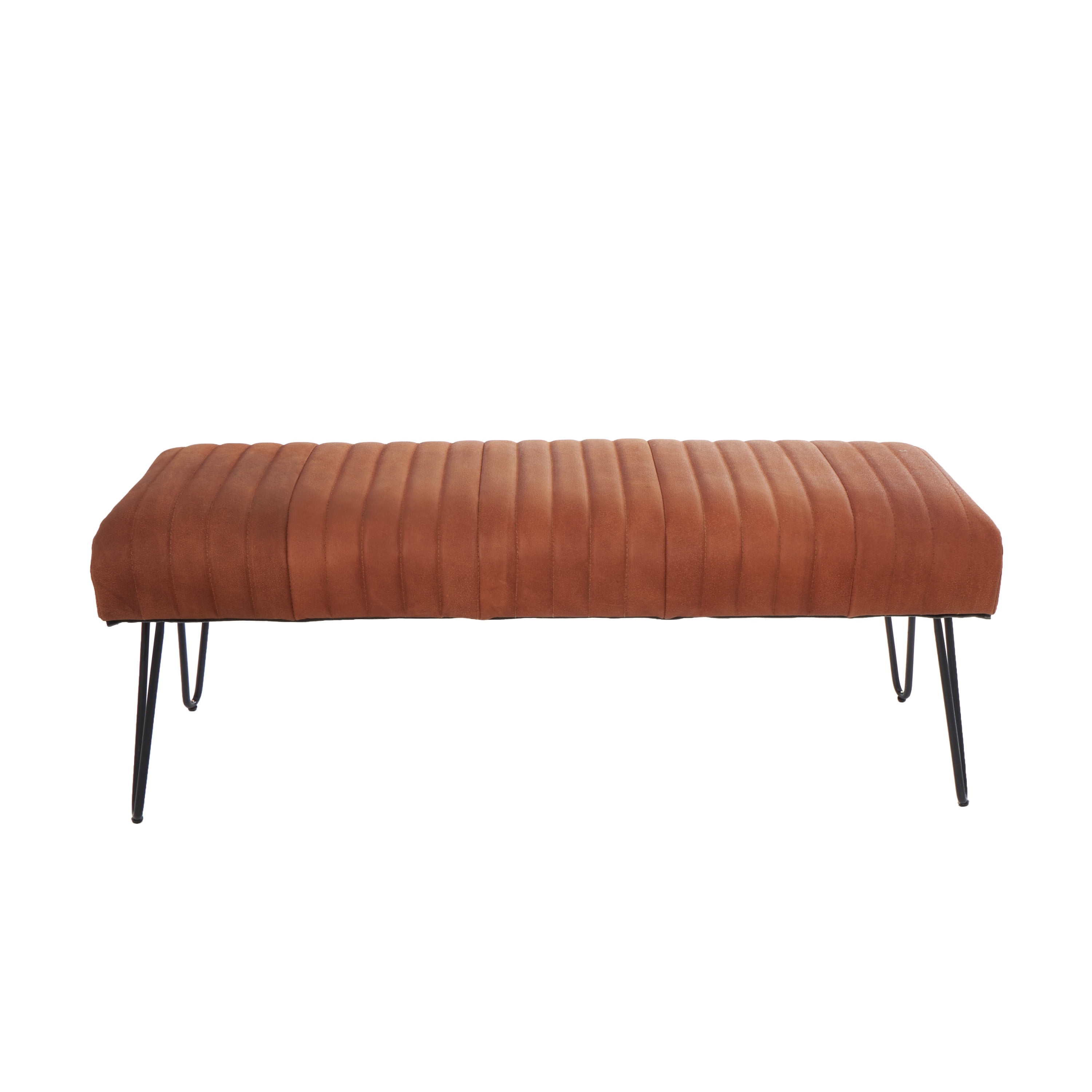DecMode Leather Upholstered Bench with Linear Tufted Panels and Black Metal Hairpin Legs, Brown