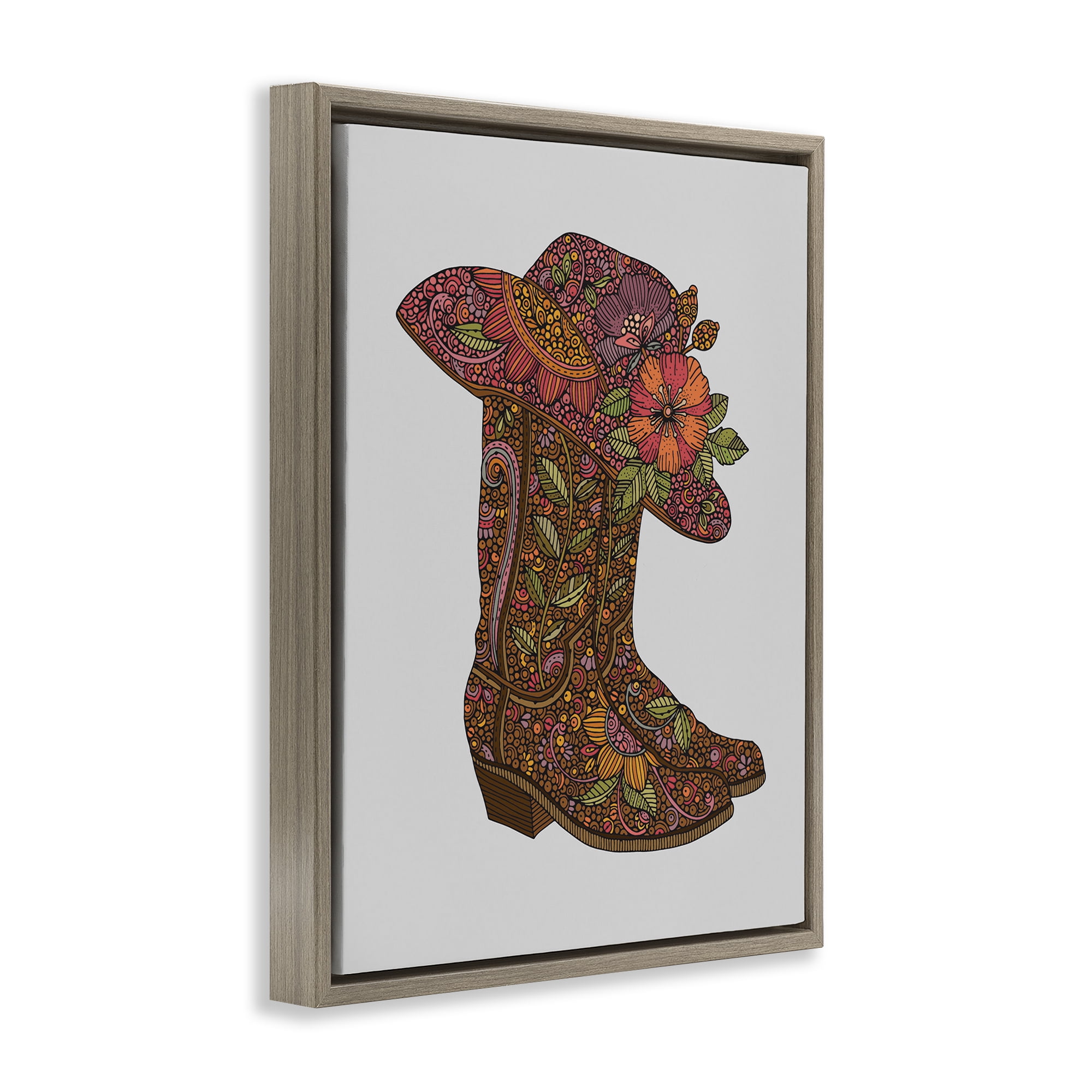 Stupell Industries Paisley Cowboy Boots Botanical & Floral Painting Brown Floater Framed Canvas Art Print Wall Art, 25 x 31