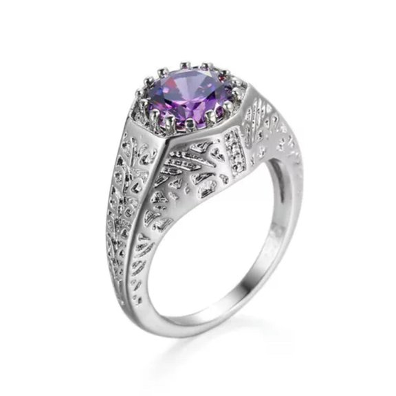 Women Round Purple AAA CZ Hollow Band 925 Silver Engagement Wedding Ring Sz 6-10