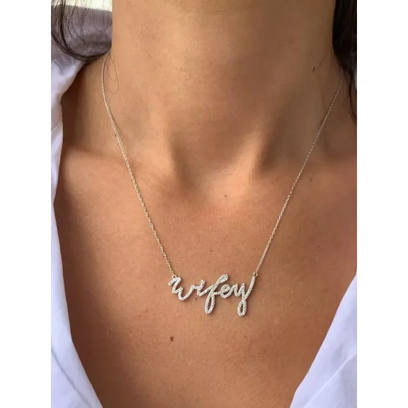 1.00 Ct Round Moissanite Cursive "Wifey" Pendant Necklace 10k White Gold Plated