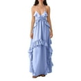 thumbnail image 3 of Women Halter V Neck Ruffle Maxi Dress Fashion Boho Tiered Flowy Long Dresses Summer Beach Outfits, 3 of 6