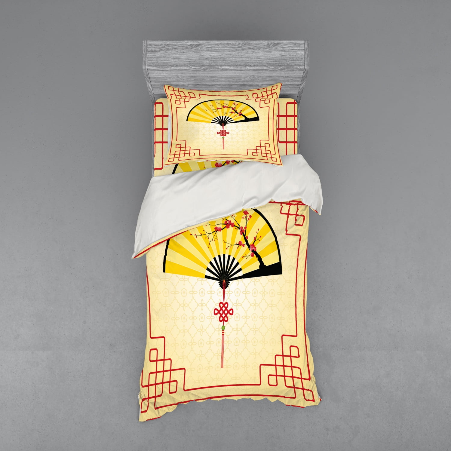 Asian Duvet Cover Set, Japanese Culture Hand Fan with Cherry Blossom