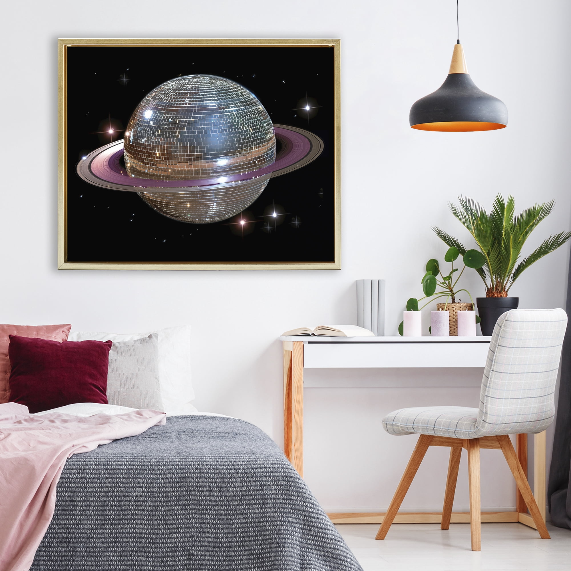 Purple Disco Ball Planet Gold Framed Floater Canvas Wall Art, design by Decent Exposures