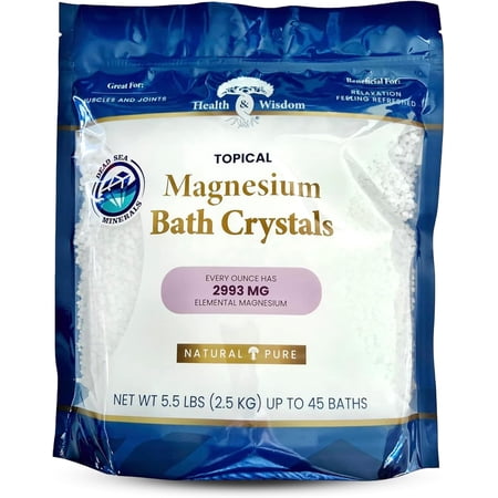 Health and Wisdom Magnesium Bath Crystals - Bath Salts with High Concentration and Enhanced Absorption for Muscle and Joint Relief - Dead Sea Sourced - Unscented - 5.5 lb Bag - Up to 45 Uses