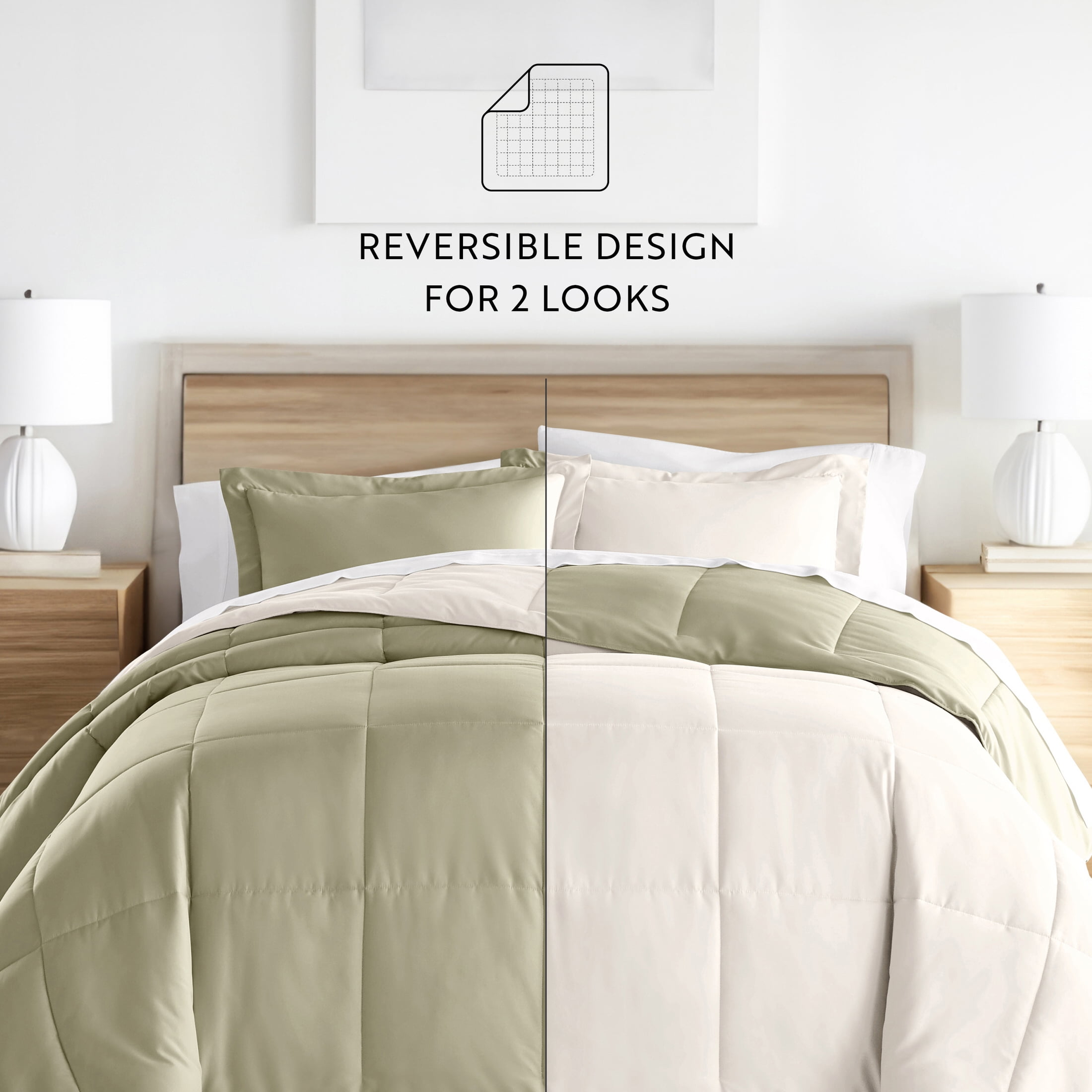 Noble Linens Soft 3-Piece Sage & Ivory Reversible All Season Lightweight Down Alternative Comforter Set, Full/Queen