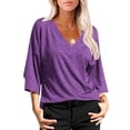thumbnail image 2 of Langwyqu Women Solid Color V Neck 3/4 Sleeve Casual Loose Shirt, 2 of 5