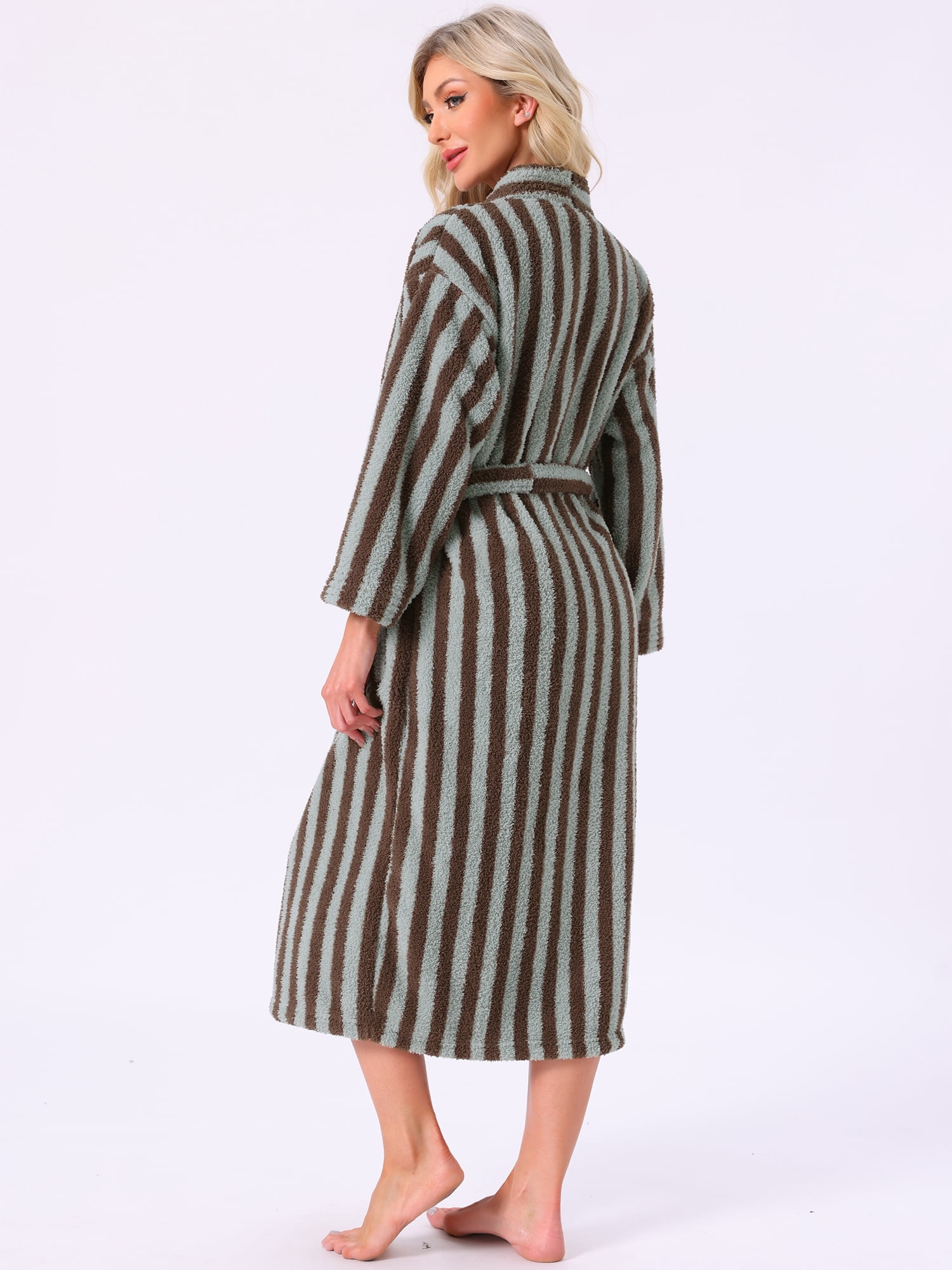 DARING DIVA Women's Fleece Fluffy Belt Full Length Striped Plush Bath Robe L Blue