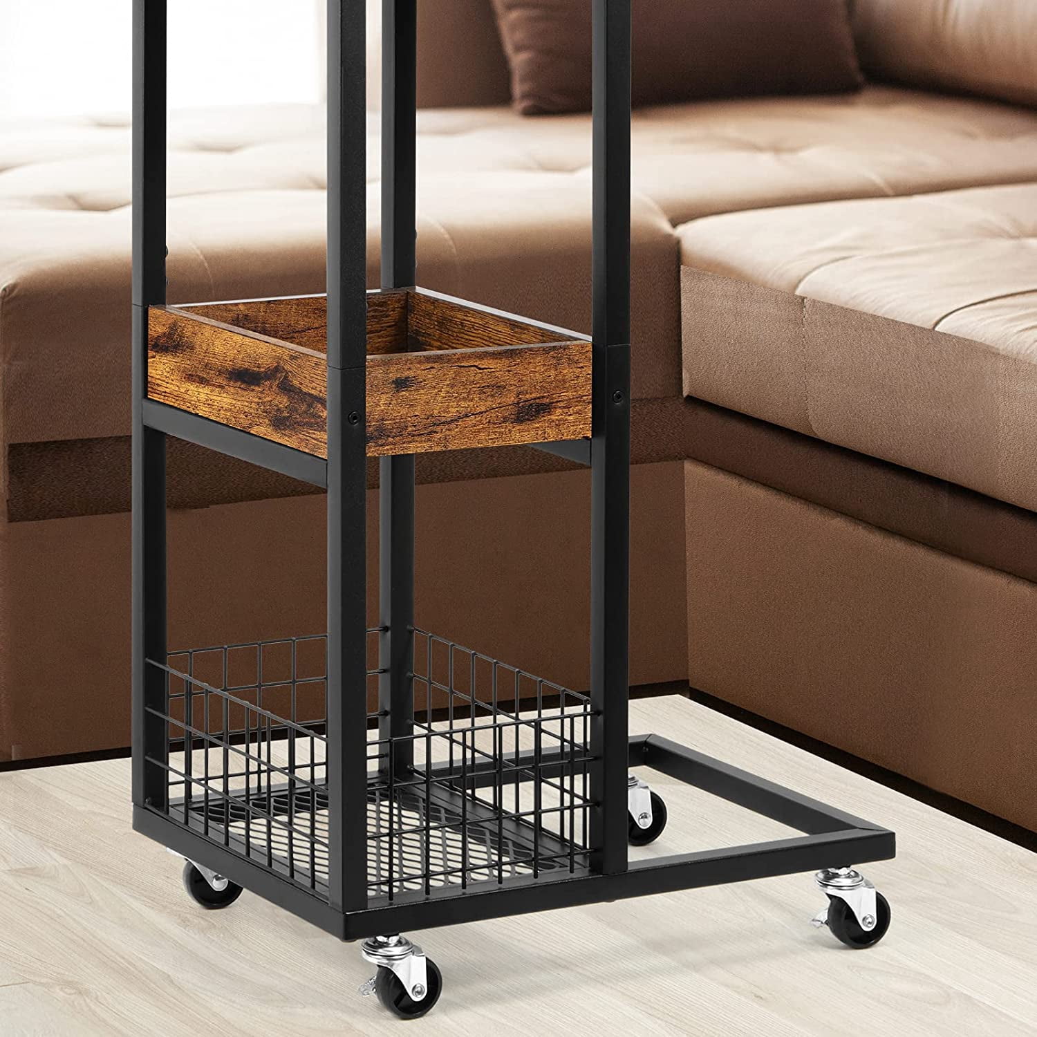 Oumilen Western Home C Shaped Small End Table with Storage Basket Rolling Casters in Rustic Burnt Wood, Build-In Fast Charging Station with USB Ports
