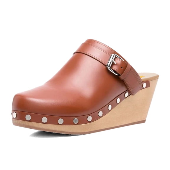 XYD Women Wedge Heels with Studs Buckle Strap Slides Mules Round Closed Toe Slip On Casual Dress Cork Shoes Size 7 Brown