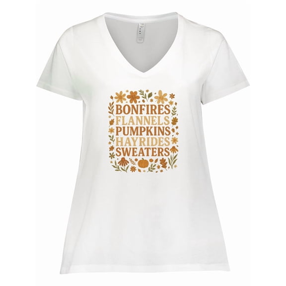 Inktastic Cozy Autumn Vibes Bonfires Flannels Pumpkins Hayrides Women's Plus Size V-Neck T-Shirt