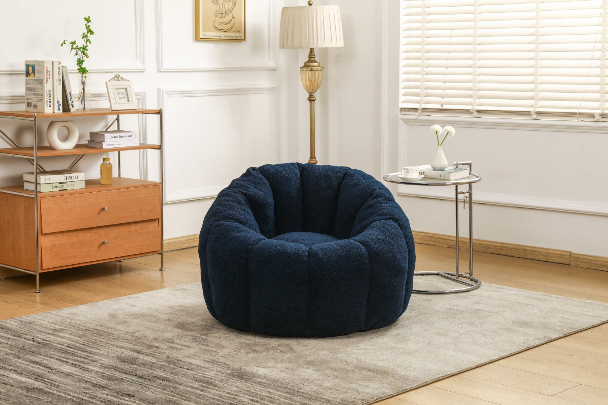 Bean Bag Chair for Adults, Faux Fur Memory Foam Bean Bag Sofa with Armrests, Fluffy Lazy Chair for Living Room Bedroom, Dark Blue
