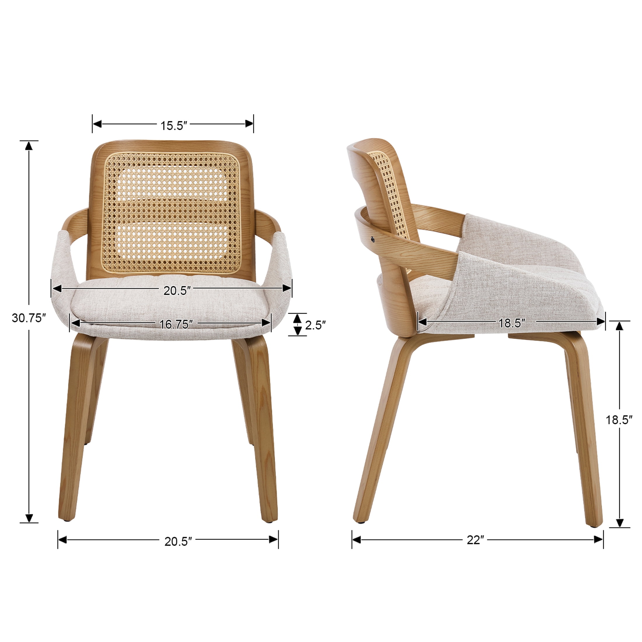 Guyou Modern Rattan Dining Chair Set of 2, Solid Wood Dining Side Chairs, Linen Upholstered Kitchen Chairs with Armrests for Kitchen Dining Room Living Room, Beige