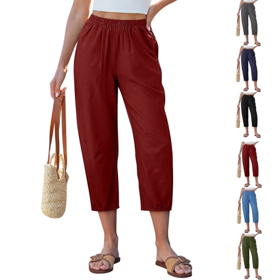 Capri Pants for Women Linen Barrel Petite Pants High Waisted Pull On Elastic Waist Casual Summer Capris Beach Vacation Trouser Wine XL