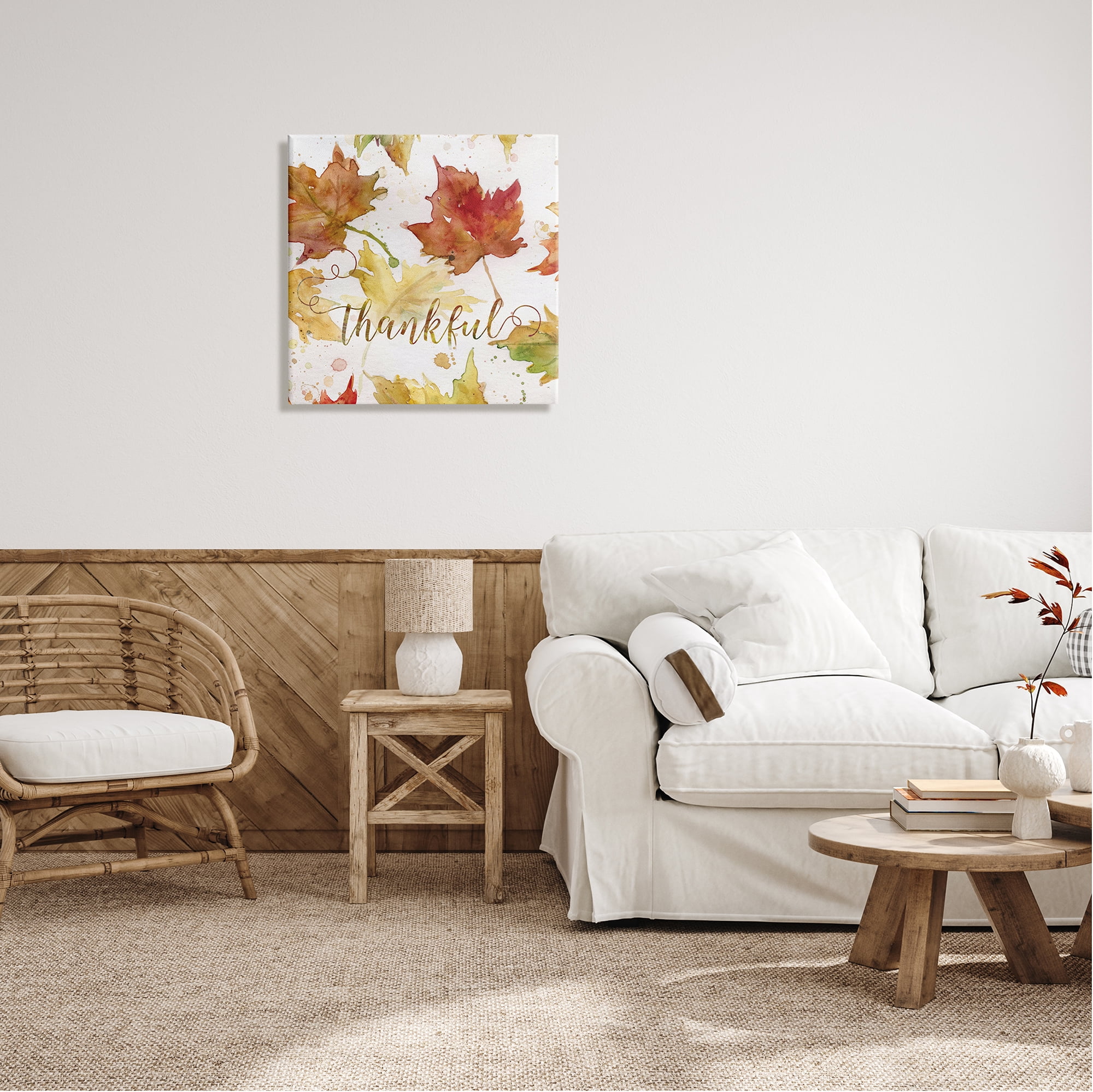 Stupell Industries Thankful Fall Leaves Holiday Painting Gallery Wrapped Canvas Print Wall Art, 24 x 24