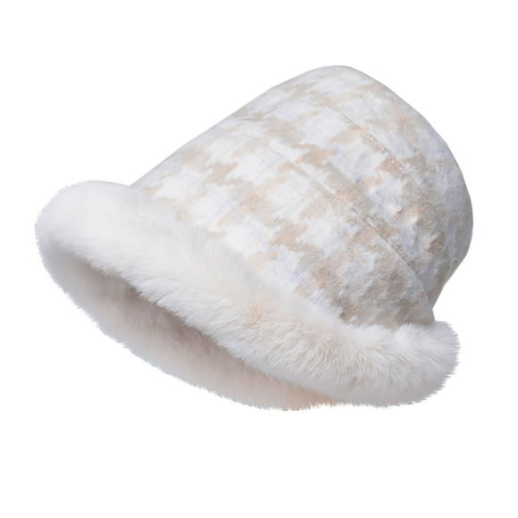 Winter Bucket Hats for Women Women Plaid Printed Faux Fur Bucket Hat Warm Windproof Baggy Stretch Winter Soft Caps Wrap Fisherman Hat Fur Bucket Hat Women Faux Fur Bucket Hat