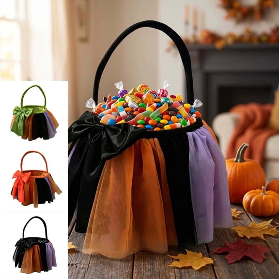 Halloween Basket Mesh Bow Candy Bucket, Colorful Lightweight Treat Tote, Sturdy Handles Perfect for Party Decor, Storage and Trick or Treat by OVFUIZ