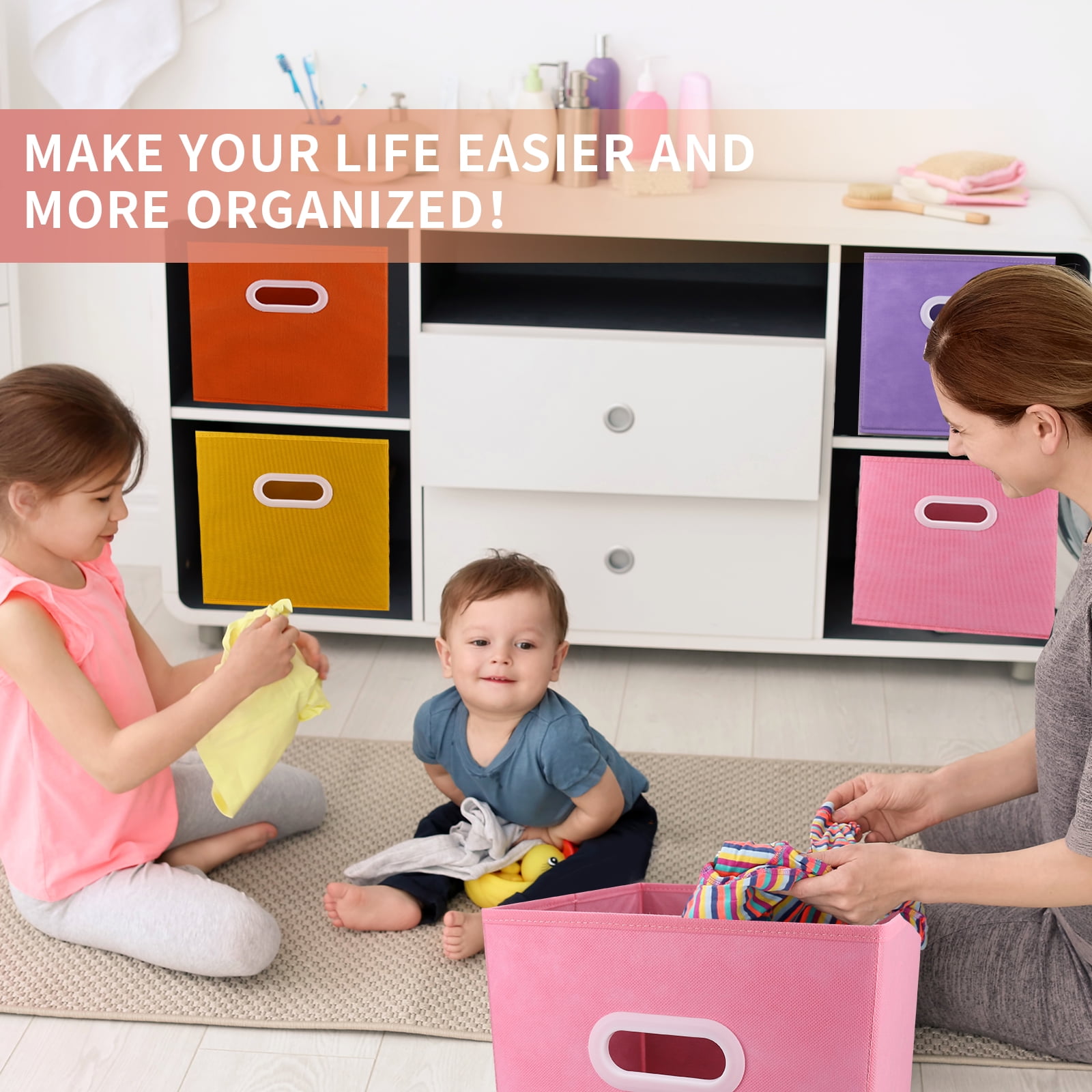 Lourome Storage Cubes, 11-inch Cube Storage Bin, 6 Sets Foldable Fabric Storage Cubes With Handles, 6 Cube Storage Organizer, Storage Cube Bins for Toys, Clothes and Books.