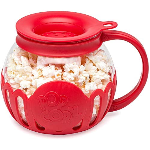 MicroPop Popcorn Popper, cristal, tapa 3 en 1, apto para lavavajillas, tamaño de bocadillo de 1,5 cuartos, color rojo