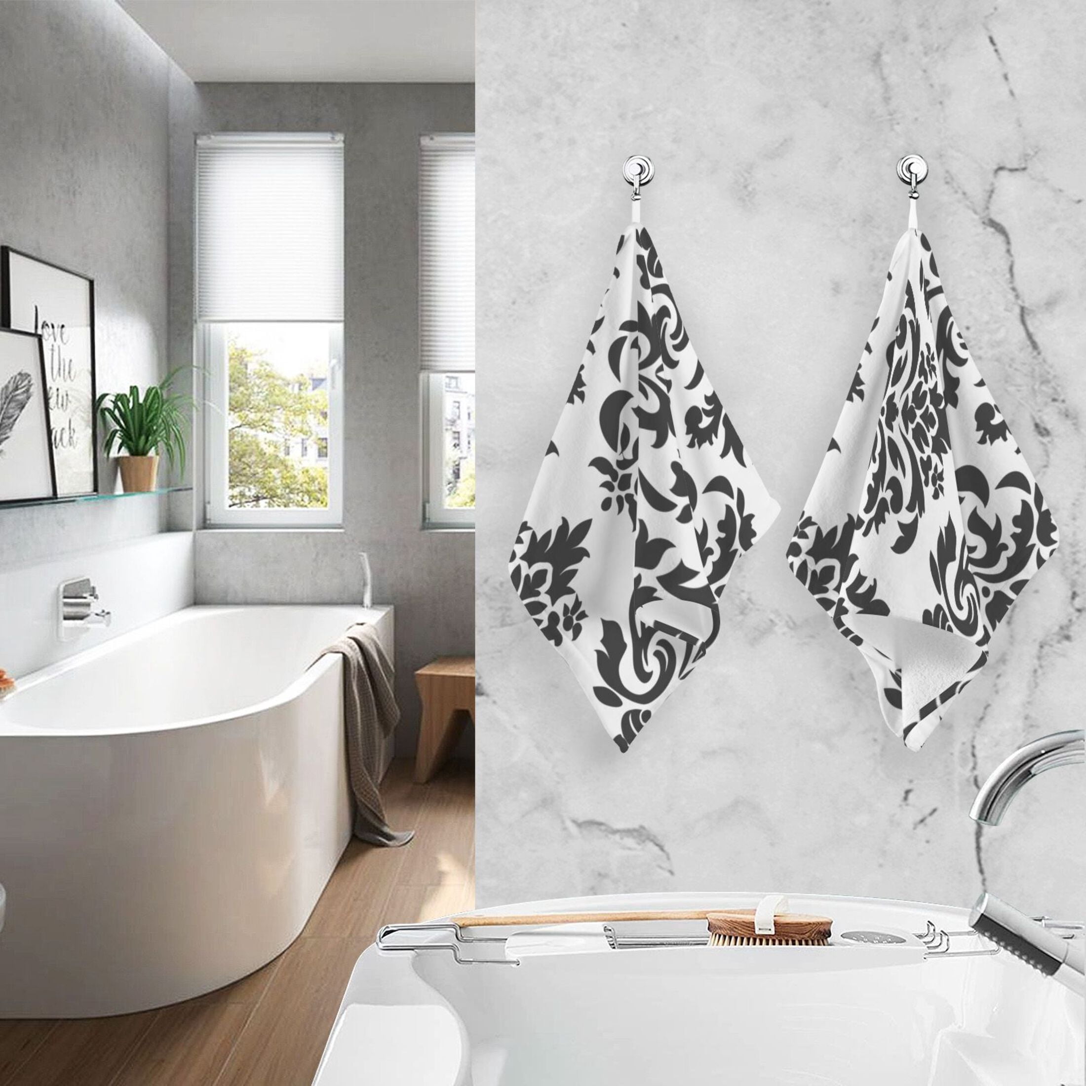 Baroque Black Damask Figure 2 Pcs Hand Towel Set Cotton Absorbent Soft Face Towels Bath Towels for Bathroom Kitchen Shower Hotel Decor 16"x28"