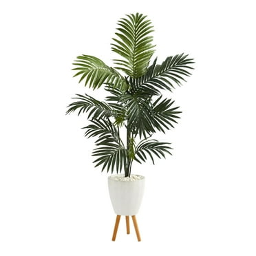 Nearly Natural 69in. Kentia Artificial Palm Tree in White Planter with Stand