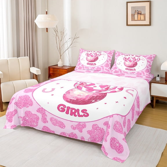 Homewish Western Cowgirl Hat Twin Sheet Sets,3D Disco Ball Twin Fitted Sheet,Rustic Cow Pattern Flat Sheet For Girls Teens,Ultra Soft Home Decor,3-Piece