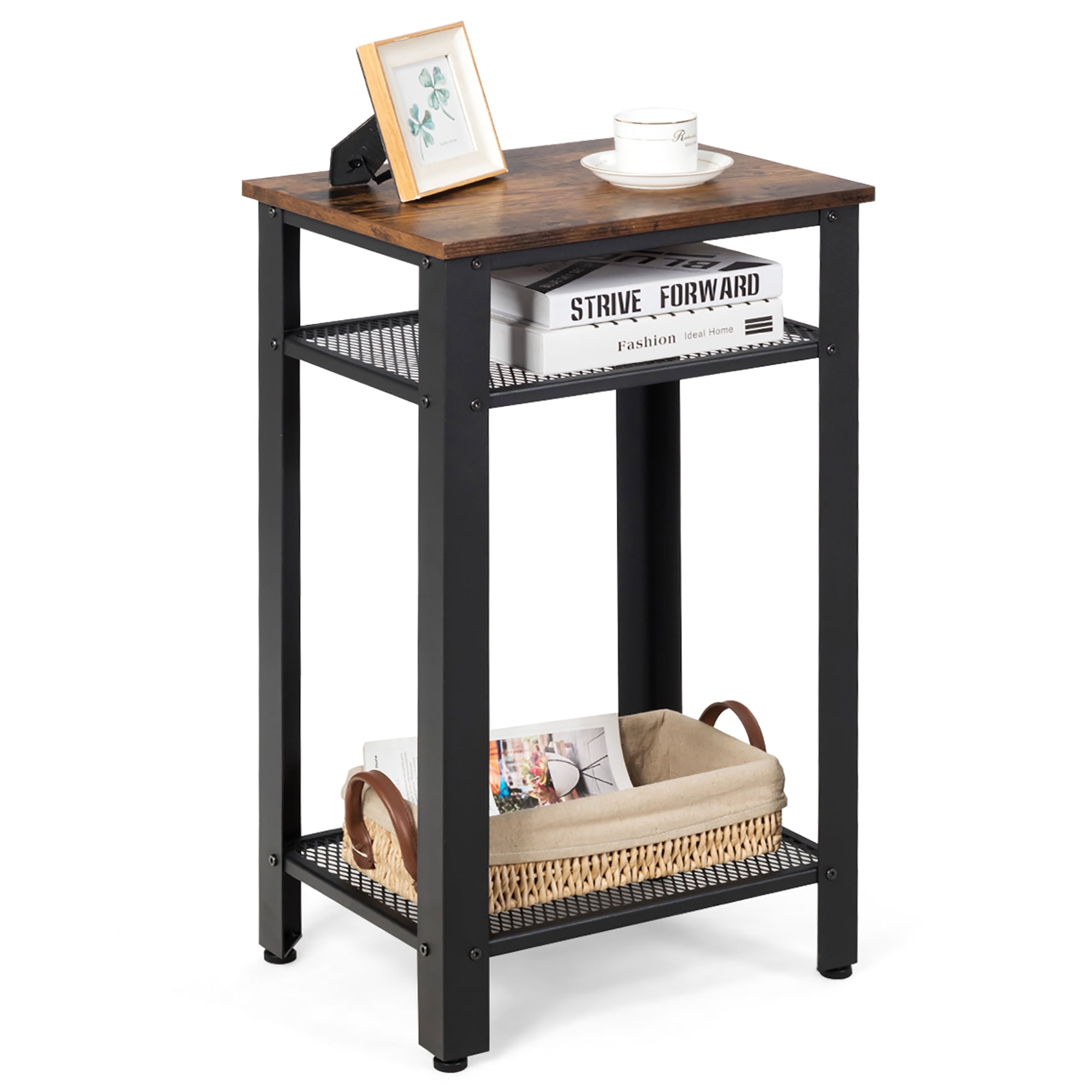 Costway 3-Tier Industrial Tall Nightstand Side End Telephone Table w/ Mesh Shelves - Walmart.com ...