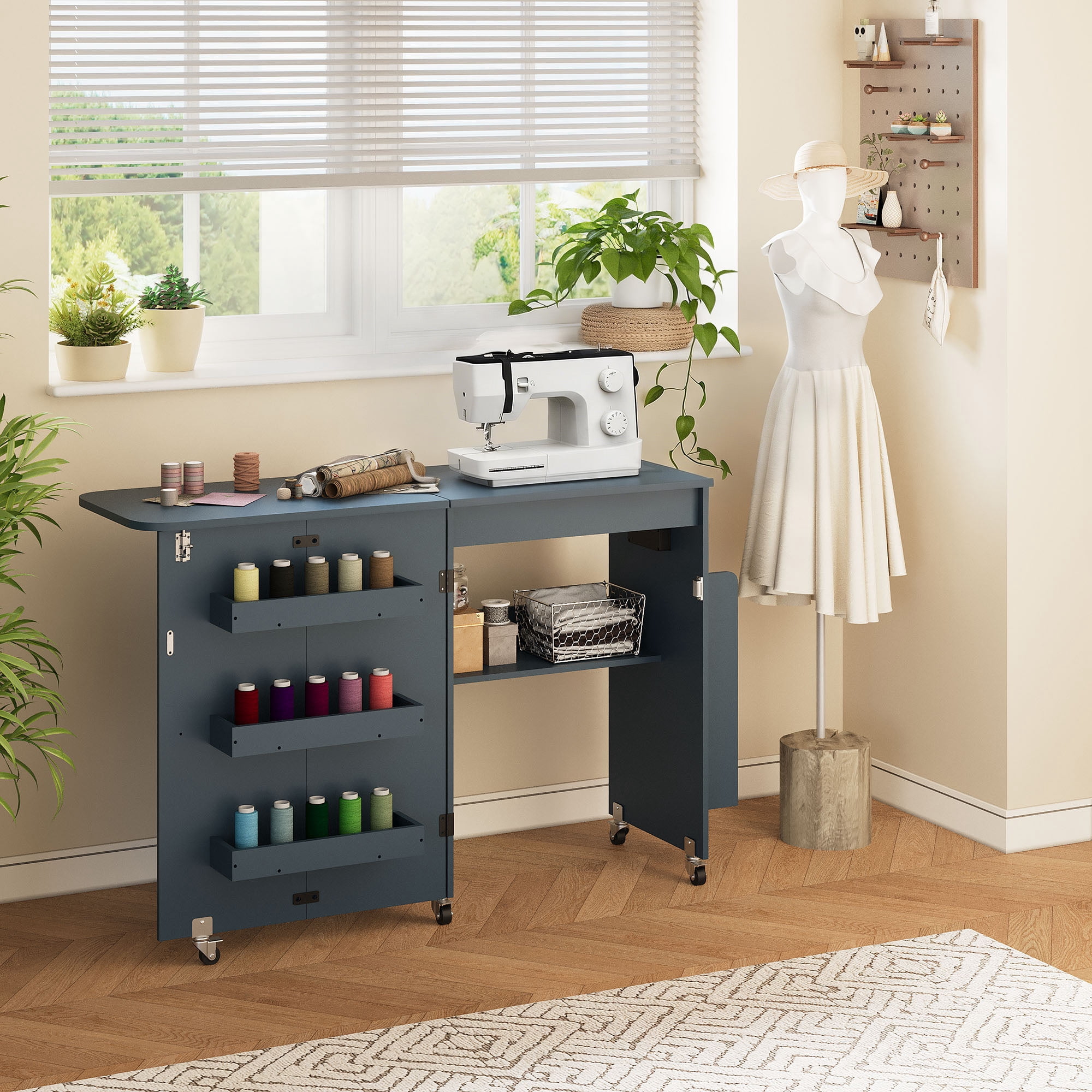 WARAYZ Foldable Space-Saving Sewing Table with Storage, Power Outlet, 6 Side Trays & Open Shelf, Lockable Wheels, Blue, 1 Count