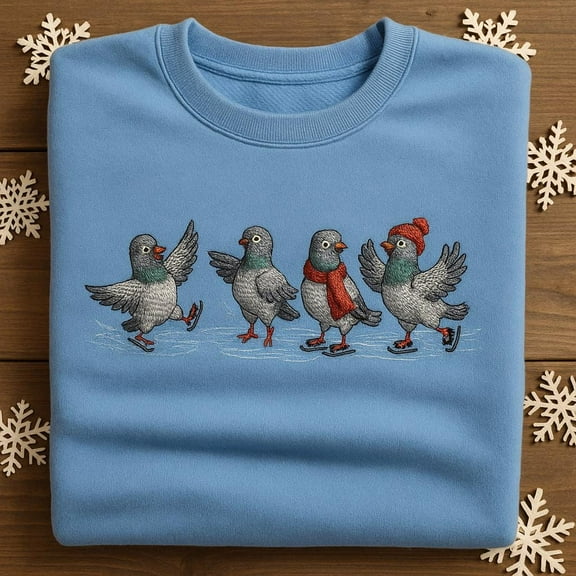 Embroidered Ice Skating Pigeons Sweatshirt, Funny Winter Bird Sweater, Cute Pidgeon Crewneck, Unique Bird Lover Gift
