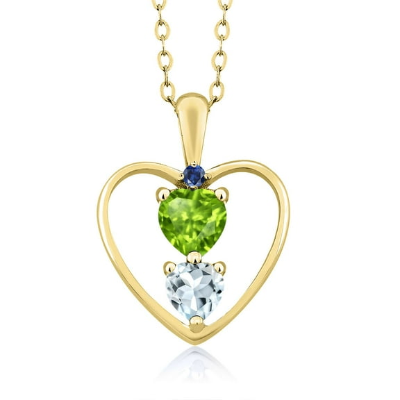 18K Yellow Gold Plated Silver Green Peridot Sky Blue Aquamarine and Blue Created Sapphire Pendant Necklace for Women (0.76 Cttw, Gemstone Birthstone, Heart 5MM and 4MM, with 18 inch Silver Chain)