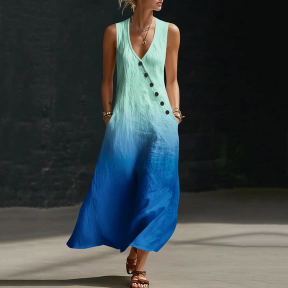 Uootdi Casual Jumpsuits for Women Gradient Print V Neck Sleeveless Linen Jumpsuit Soft Comfy Relaxed Fit Daily Wear Gift