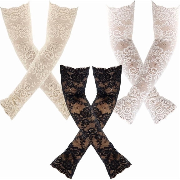 Minzimin 3 Pairs Women Long Lace Glove Sunblock Fingerless Bridal Arm Sleeves Stretchy Elbow Length Floral Gloves Bridal Gloves for Wedding Dance Tea Party Cosplay Party Costume Accessories