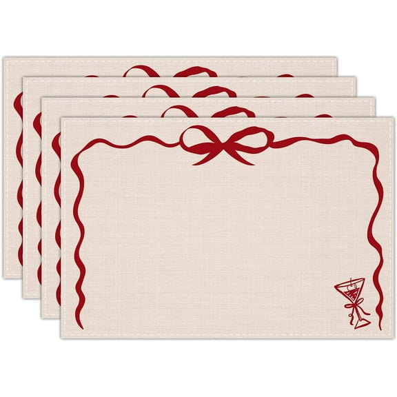 Wavy Bow Linen Placemats Set of 4, Wedding Waterproof Washable Heat Resistant Place Mats 12x18 Inch, Table Mat for Restaurant Outdoor Indoor Home Kitchen Party Dining Decoration