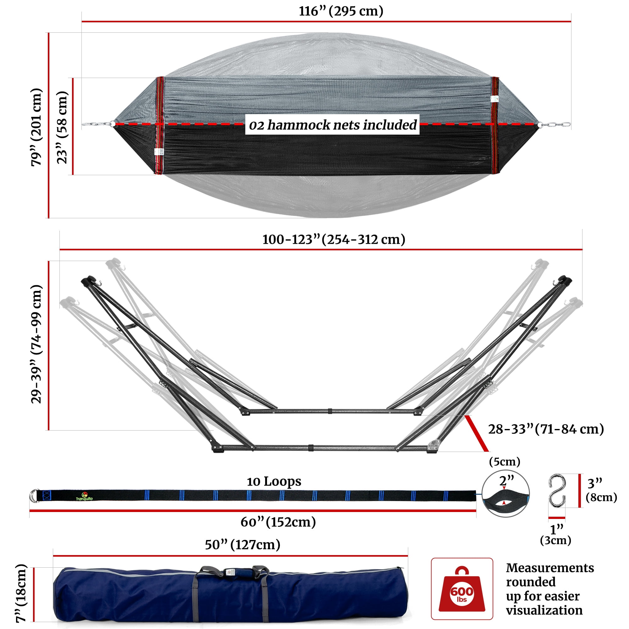 Tranquillo 600lb Capacity 2 Persons 2 Hammocks Included/Foldable Portable Hammocks with Stand, Tree Straps, Carry Bags for Garden Camping, Grey
