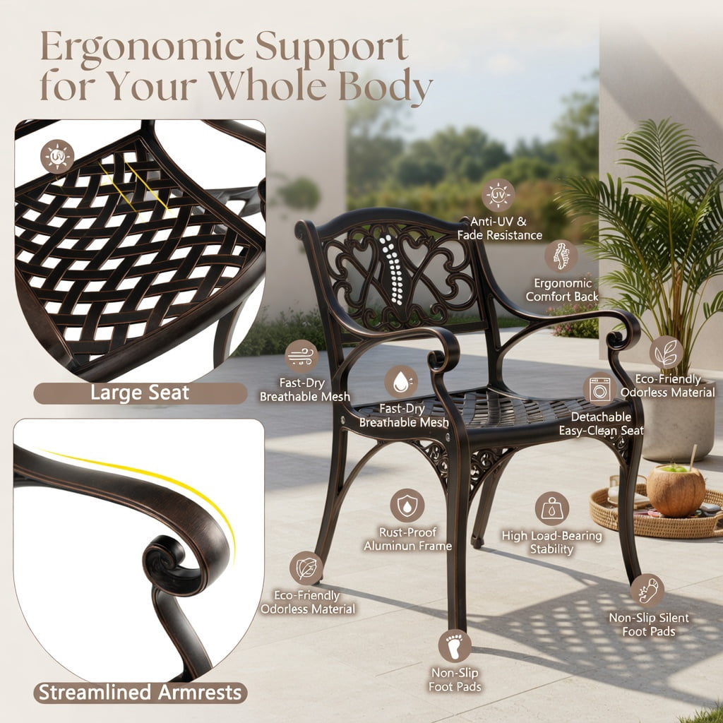 Hommoo 2-Pack Cast Aluminum Outdoor Dining Chairs with Armrests, Weather-Resistant Patio Chairs for Garden, Porch & Poolside, Bronze