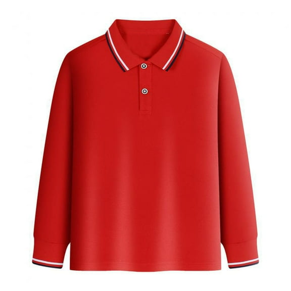 QHFBli Boys Long Sleeve Striped Polo Shirt Comfortable and Stylish Durable Classic Collared Shirt for School and Activities Red 7-8 Years